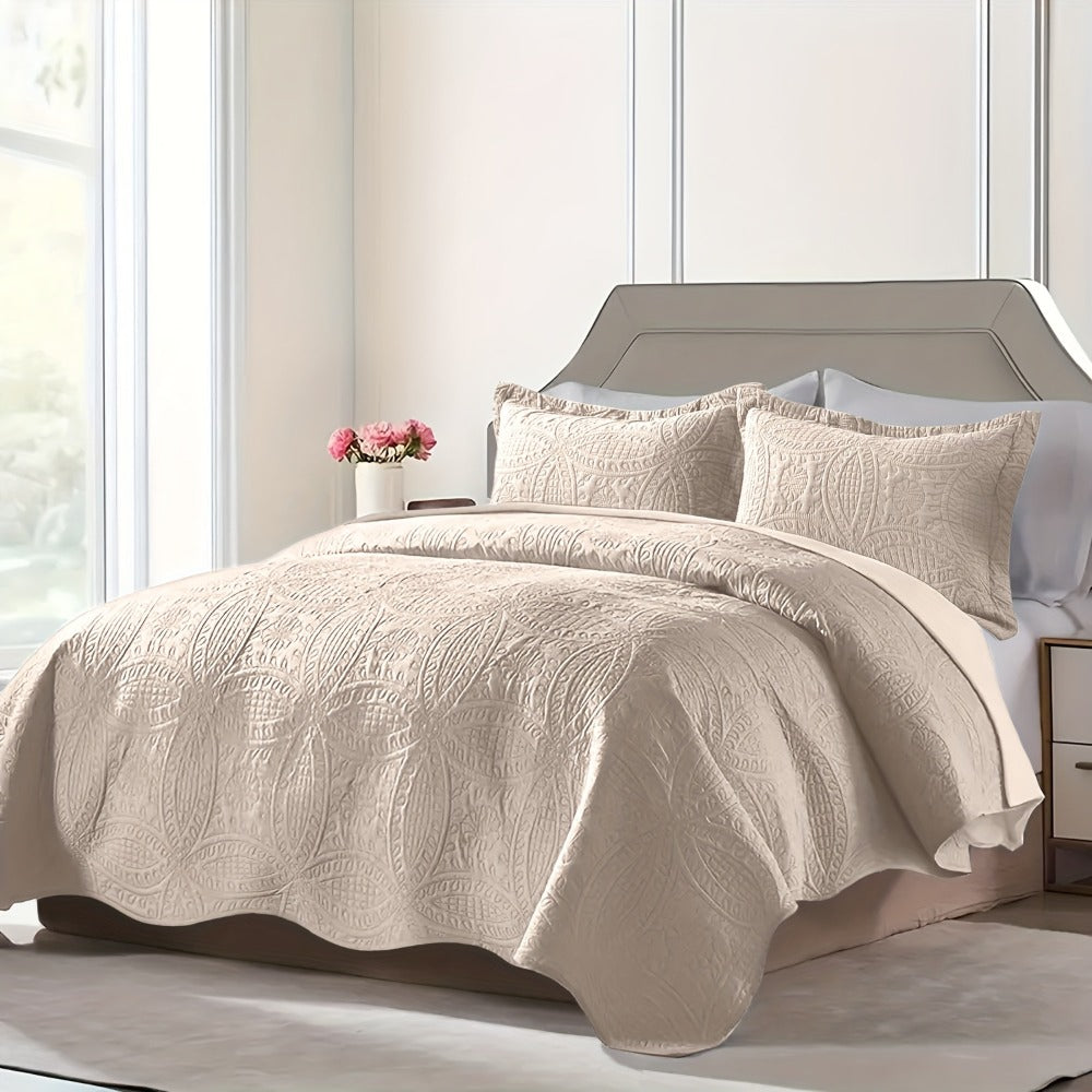 Quilt Set 3 Piece Lightweight Microfiber Bedspread with Pillow Shams – Coin Pattern Coverlet All Season Soft Bed Quilt Full Queen King