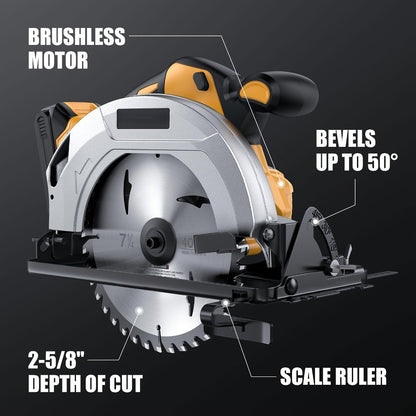 Brushless Cordless Circular Saw for Dewalt 20V MAX Battery – 7-1/4 Inch 0-50° Bevel Cut Electric Saw with Saw Blades Included