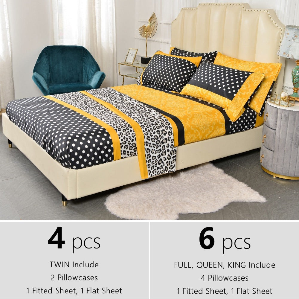 Bed Sheet Set Patchwork Microfiber in 4- or 6-Piece Configuration with 14-Inch Pocket and Three Colors