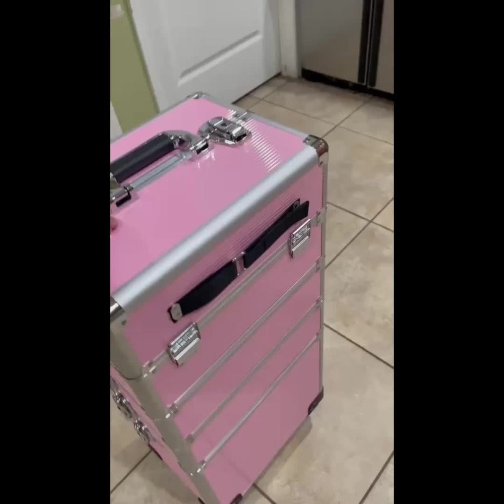 Rolling Makeup Case Aluminum 4-in-1 Extra Large Professional Cosmetic Trolley with 360° Swivel Wheels for Makeup Artist Tattoo Artist Salon