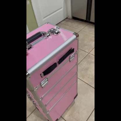 Rolling Makeup Case Aluminum 4-in-1 Extra Large Professional Cosmetic Trolley with 360° Swivel Wheels for Makeup Artist Tattoo Artist Salon