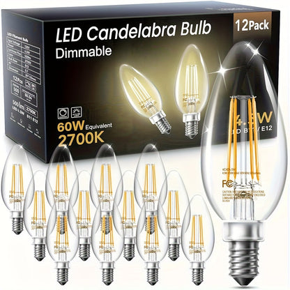 LED Candle Light Bulbs E12 Base B11 Dimmable 2700K White 500 Lumens Clear Glass Vintage for Home Cooking, Dining and Outdoor Meals