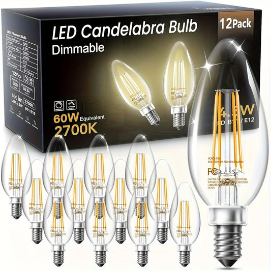 LED Candle Light Bulbs E12 Base B11 Dimmable 2700K White 500 Lumens Clear Glass Vintage for Home Cooking, Dining and Outdoor Meals