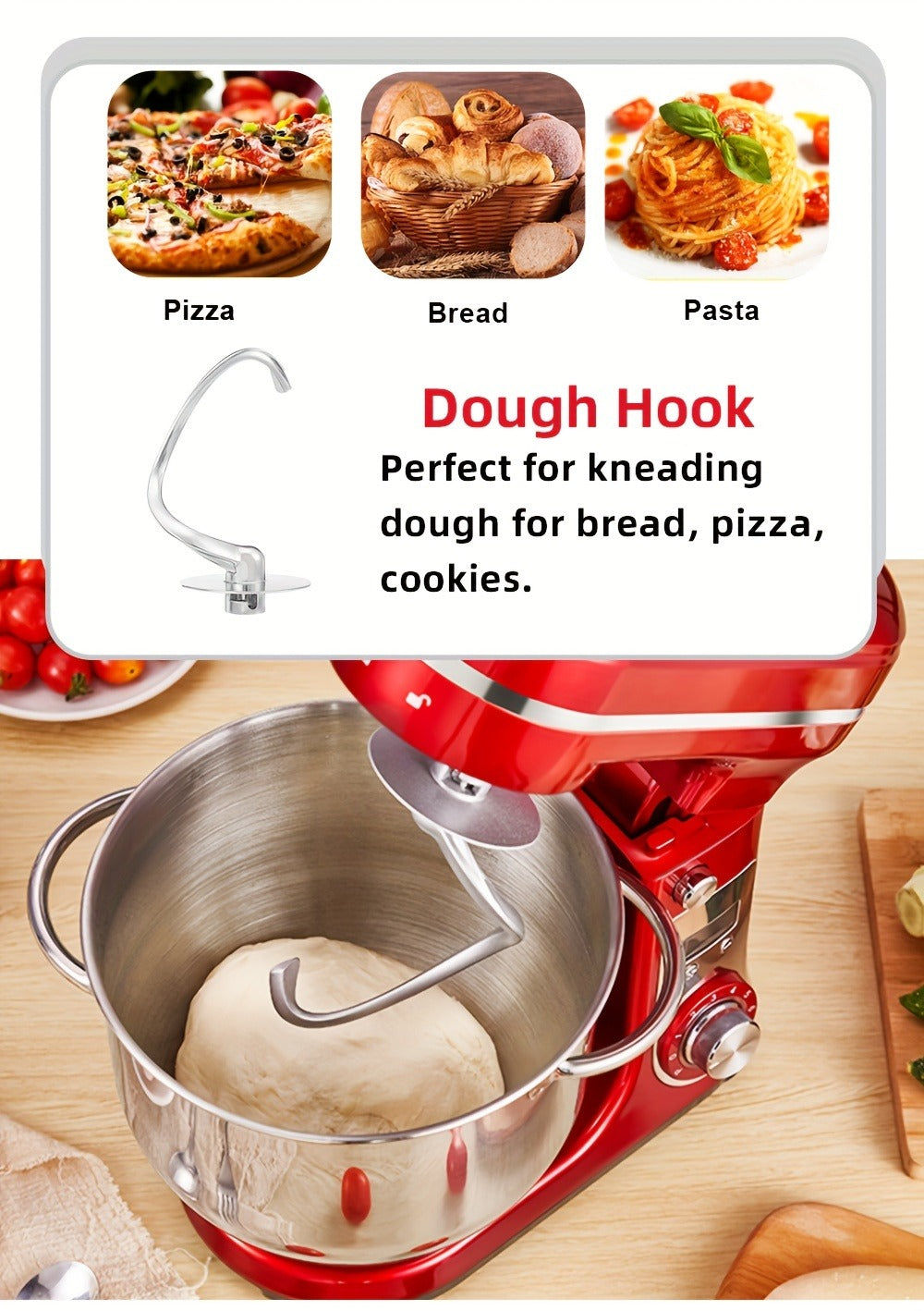Stand Mixer 1200W 6L Stainless Steel Bowl - Kitchen Food Stand Mixer with Dough Hook, Whisk & Beater
