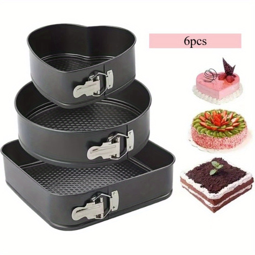 Cake Pan Set 6-Piece with Removable Bottom, Carbon Steel Nonstick Baking Molds in 3 Shapes Square Round Heart
