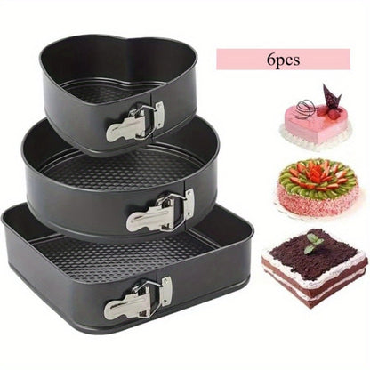 Cake Pan Set 6-Piece with Removable Bottom, Carbon Steel Nonstick Baking Molds in 3 Shapes Square Round Heart