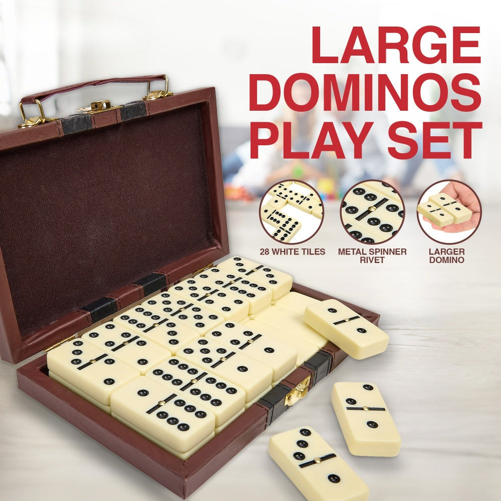 Domino Set 28 Tiles Classic Black with Leather Case – Durable Plastic Dominoes Portable Storage Box for Family Games Party Group Play