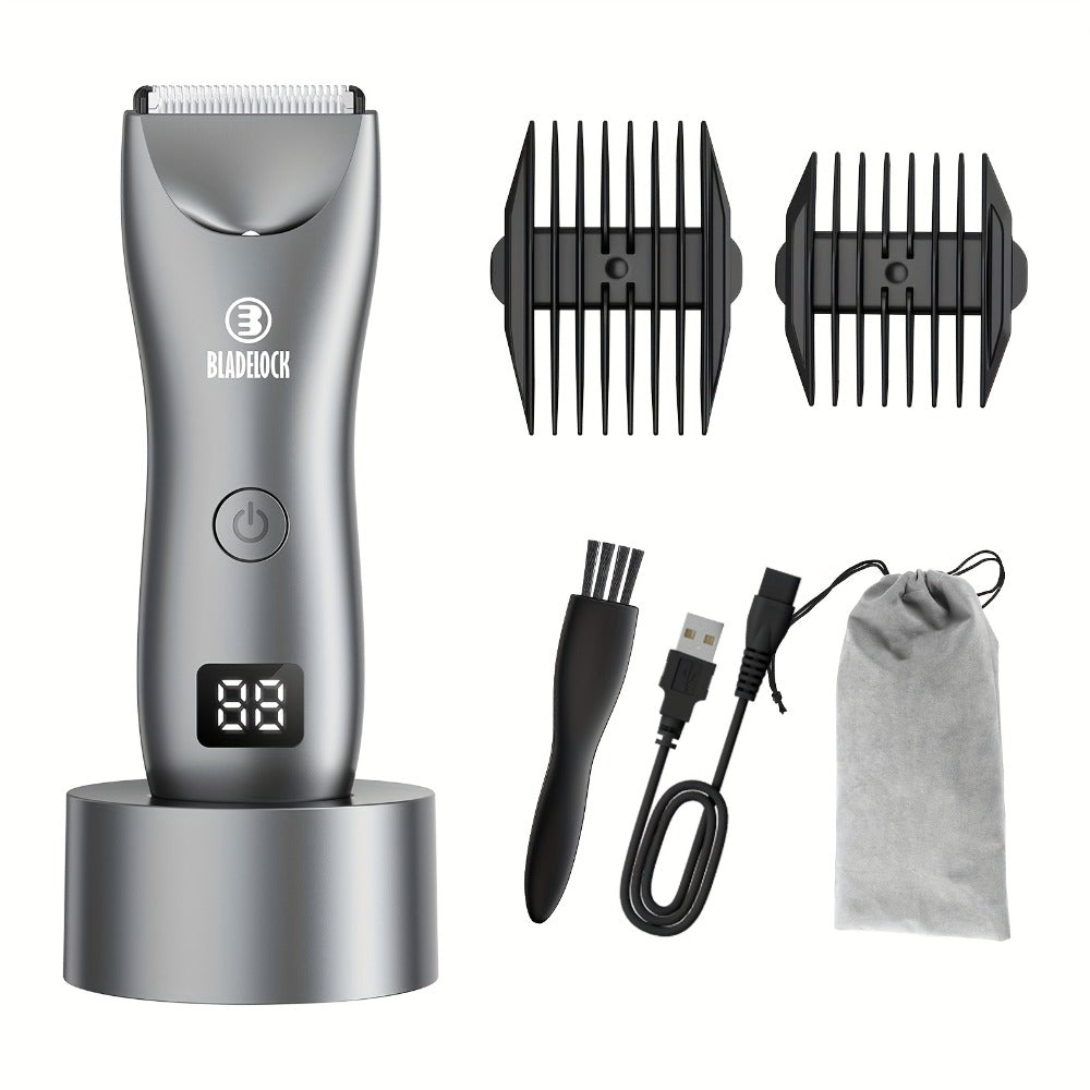 Manscaping Trimmer for Men IPX7 Waterproof Electric Groin & Ball Trimmer Ceramic Blades LCD Battery Display Replaceable Head