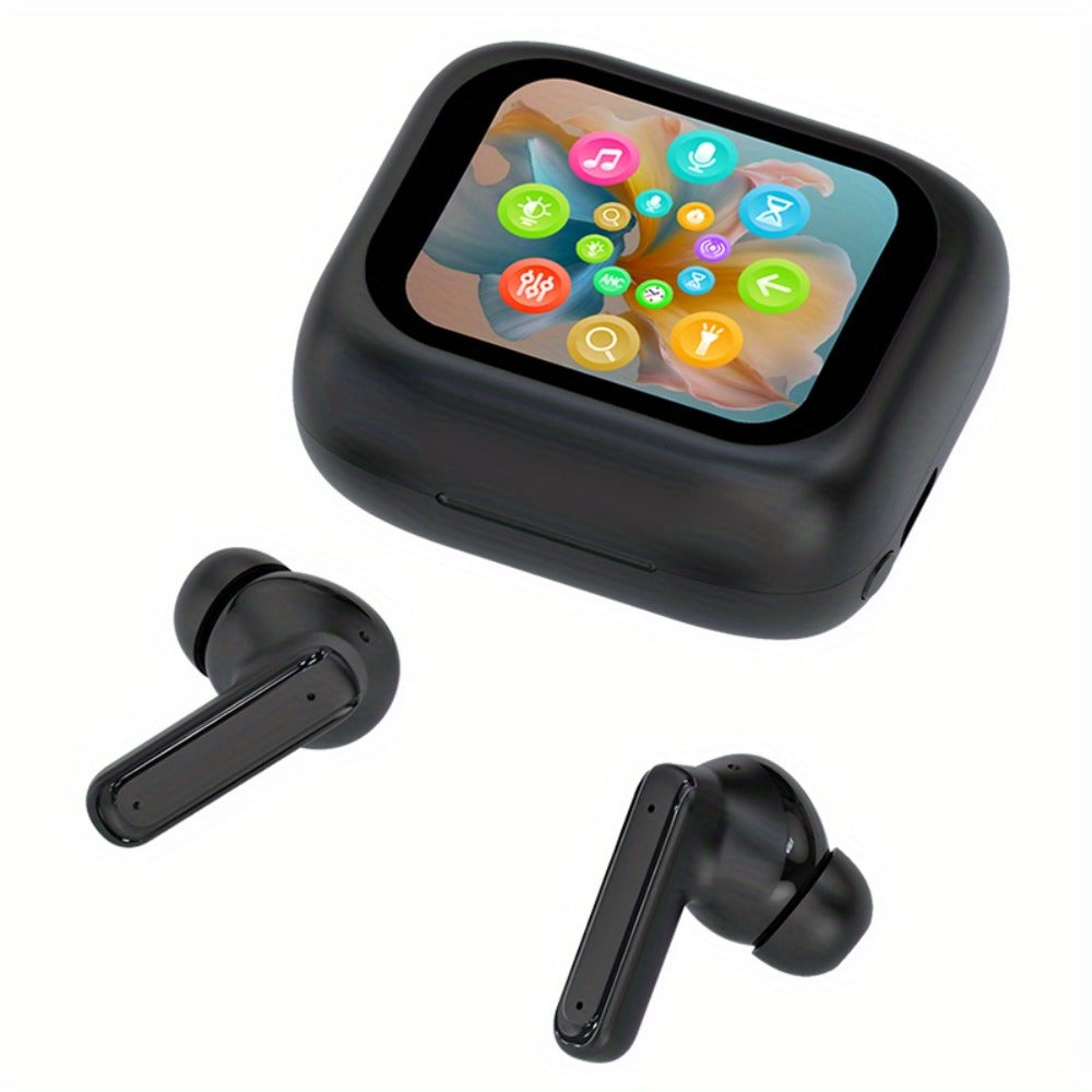 Touchscreen ANC Wireless Earbuds Full-Color Display, Noise Cancelling In-Ear with Charging Case for Sports Gaming Business