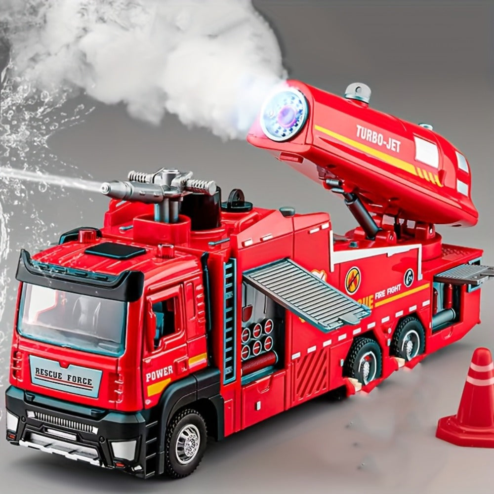 Zinc Alloy Fire Truck Toy with Water Mist Spray, Pull Back Fire Engine with Lights & Sounds