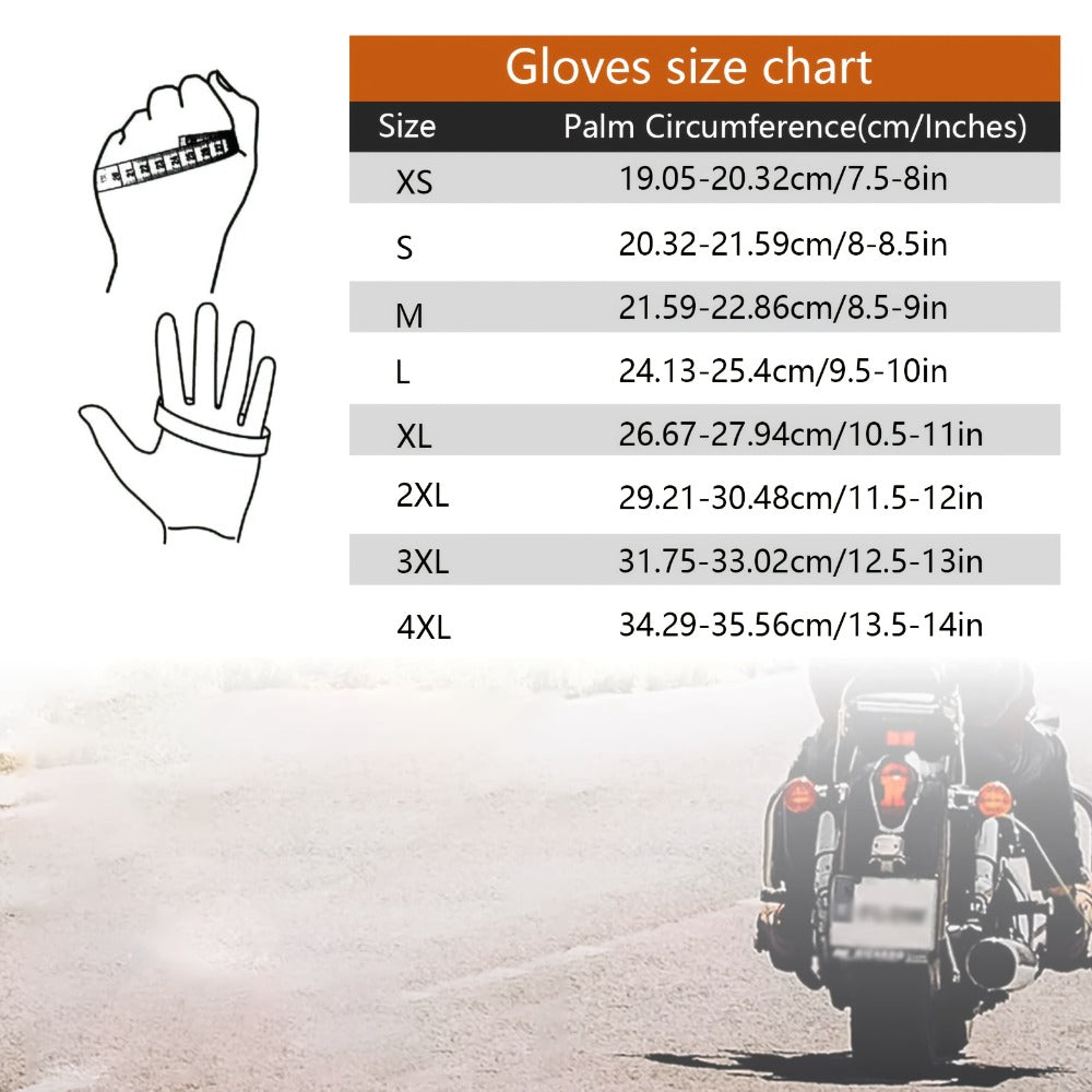 Black Full-Finger Motorcycle Gloves with Long Gauntlet Cuffs, Stitched Eagle Motif and Five Sizes