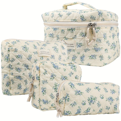 Makeup Bag Four-Piece Quilted Cotton Floral Pouch Set in Five Styles for Travel, Vanity and Everyday Beauty Storage