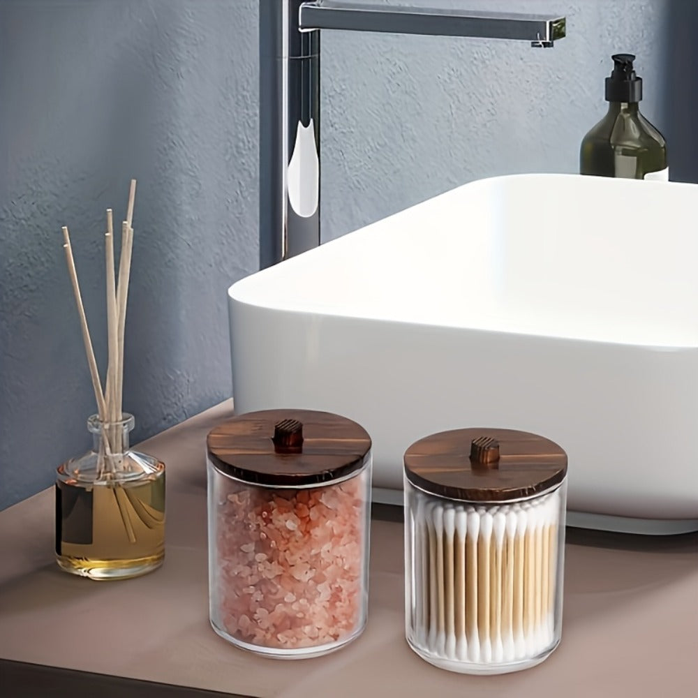 Three-Jar Clear Glass Storage Set with Two Round Jars, One Square Jar and Dark Bamboo-Look Lids