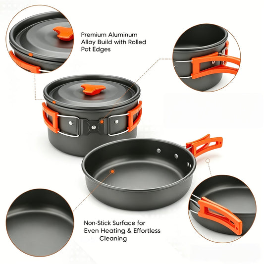 Camping Cookware Set, 8- or 14-Piece Coated Aluminum Mess Kit with Pot, Pan, Kettle, Plates and Flatware