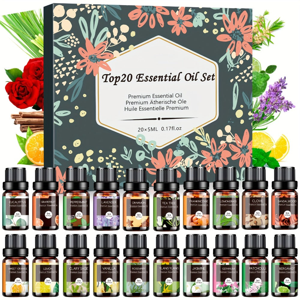 Essential Oil Assortment in 12, 20 or 26 Five-Milliliter Amber Bottles with Floral Gift Box