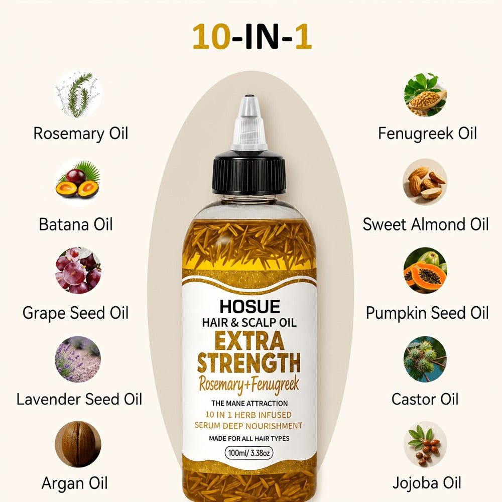 Rosemary and Fenugreek 10-in-1 Hair and Scalp Oil, 100ml Dropper Bottle with Ten Printed Botanical Oils