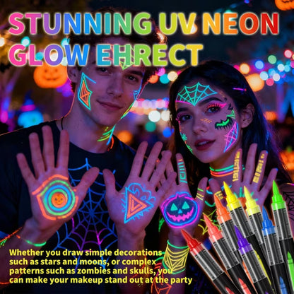 Face Body Paint Pen Set 8 Colors with 105 Tattoo Stencils, Glow in the Dark Neon UV Blacklight Face Paint
