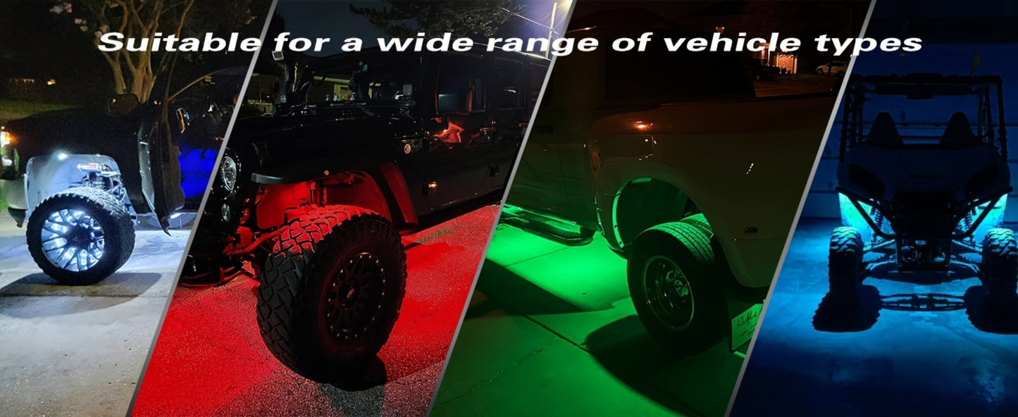 RGB Rock Lights Kit for Trucks & Cars, Sound-Activated LED Underbody Lights with APP & Remote Dual Control