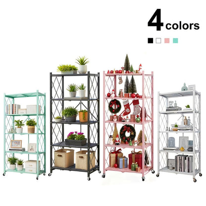 Three-to-Five-Tier Foldable Storage Rack with Carbon Steel Frame, Lockable Wheels and Three Colors