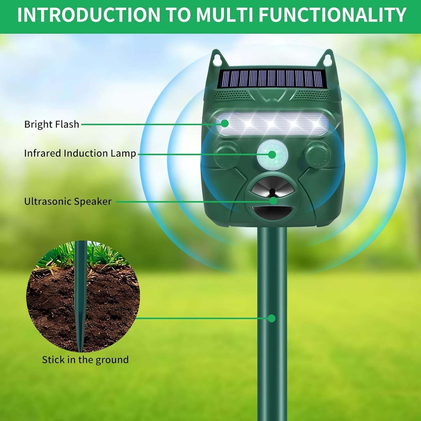 Solar Ultrasonic Animal Repeller for Garden, Yard and Pest Management, with the Listed Configuration