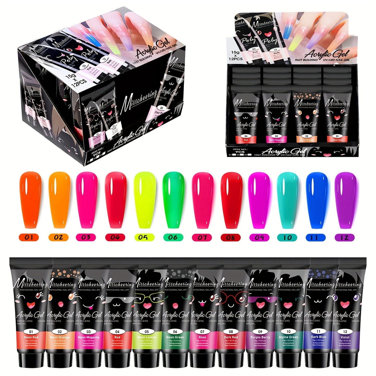 Poly Gel Nail Extension Kit 12pcs 3D Modeling Sculpting Gel – Semi-Permanent Resin Strengthener, Transparent Color Gel