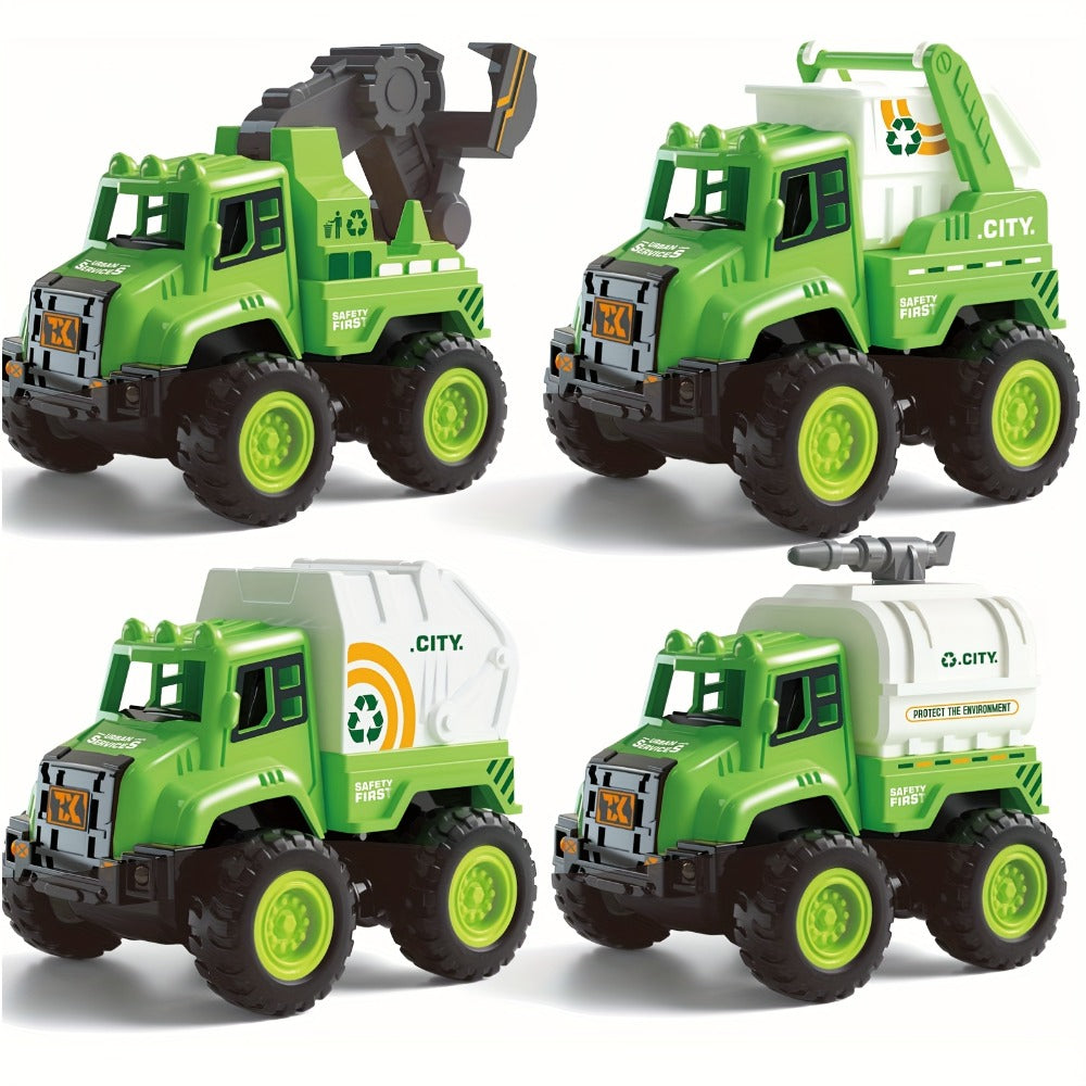 4-Piece Construction Truck Set for Kids, Excavator Dump Truck Crane Cement Mixer Sandbox STEM Engineering Vehicle Playset
