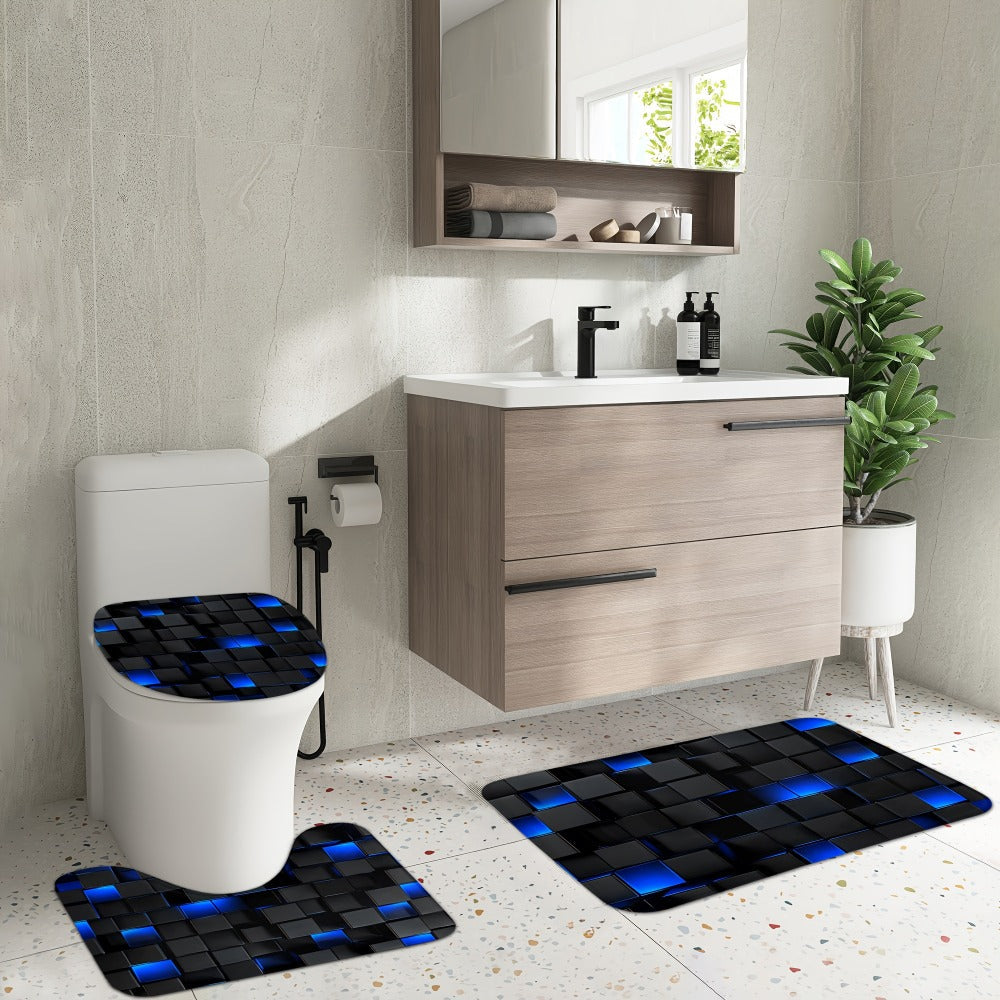 Shower Curtain Set with 12 Hooks & Toilet Seat Cover, 4-Piece Bathroom Set Dark Blue Geometric Abstract Cube Pattern