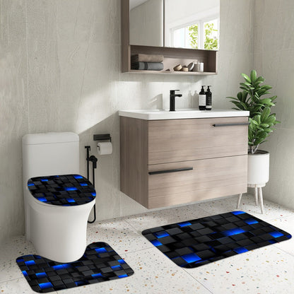 Shower Curtain Set with 12 Hooks & Toilet Seat Cover, 4-Piece Bathroom Set Dark Blue Geometric Abstract Cube Pattern