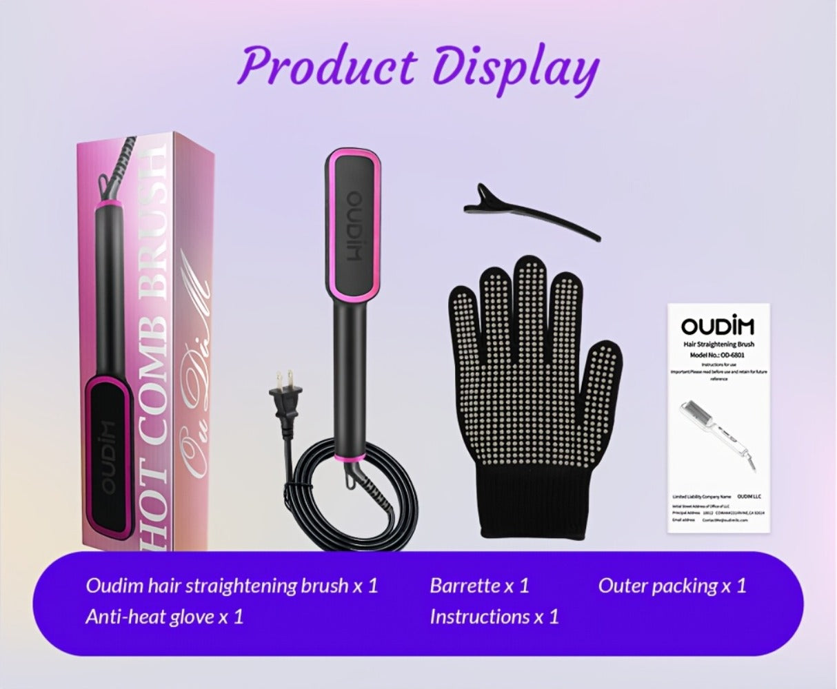 OD-6801 Black or OD-6806 Rose-Gold Heated Straightening Brush with Display, Glove and Three-Button Controls