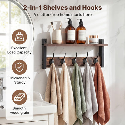 Vintage Wall-Mounted Shelf and Key Rack with Five Hooks, 17.1-Inch Width and Brown Board Finish