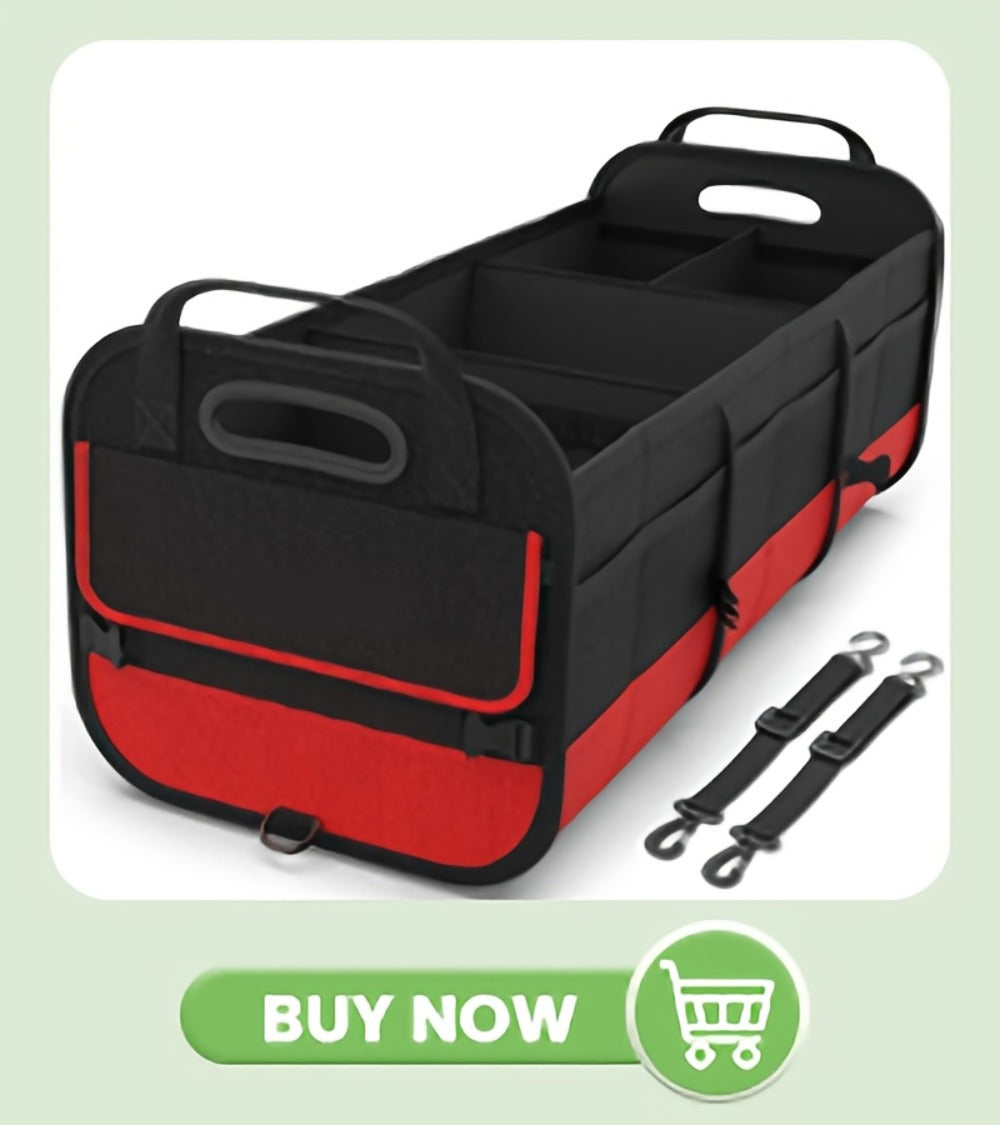 Car Trunk Organizer, 95L Foldable 4-Compartment Bin with Two Retractable Straps and Divider Set