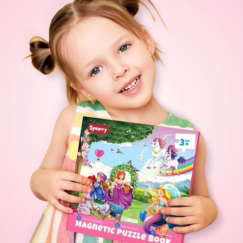 Magnetic Puzzle Book for Girls 3 4 5 6, 3-in-1 Unicorn Mermaid Princess Travel Puzzles, 20 Pieces Folding Magnetic Jigsaw for Toddlers