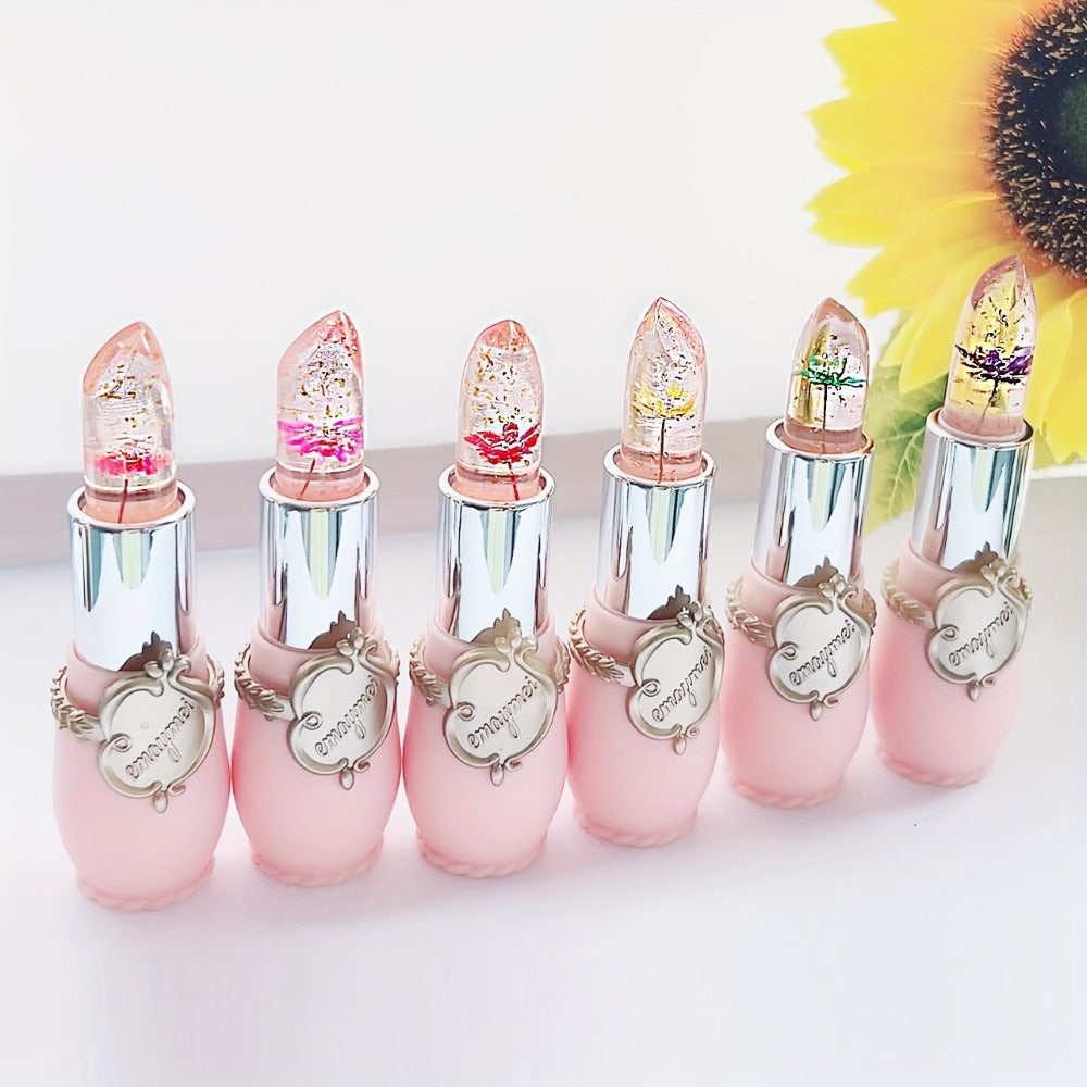 Lip Balm emaymei 6-Piece Flower Jelly Stick Set with Clear Gloss Texture and Pink Gift Box
