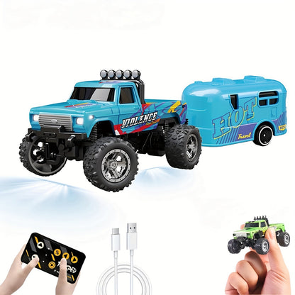 Mini RC Truck Toy 1:64 Scale 2.4GHz Off-Road Alloy Crawler with Detachable Trailer Body Lights & LED Headlights