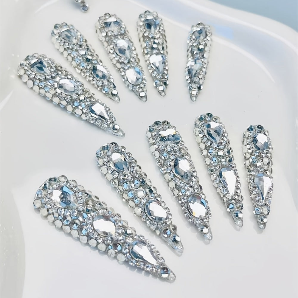 Press On Nails 10-Piece Extra-Long Pointed Almond Set with Silvery Rhinestones, Charms and Adhesive Stickers