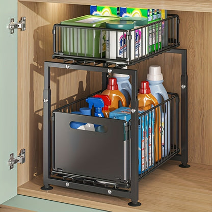 Under Sink Organizer 2-Tier Pull Out – Adjustable Height Carbon Steel Cabinet Storage Shelf for Kitchen and Bathroom