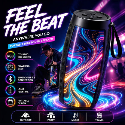 Portable Bluetooth Speaker with Bluetooth 5.3, wraparound audio layout, TWS, RGB Light Show and Carry Strap