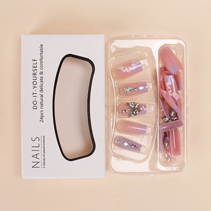 Press On Nails 96-Piece Long Ballerina Blue Gradient 3D Flower Butterfly Set with Four Bracelets
