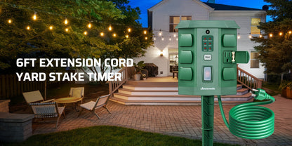 Outdoor Power Stake Timer 6 Outlet, 100FT Wireless Remote Control, Dusk to Dawn Photocell Sensor