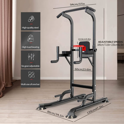 Power Tower Dip Station with Pull Up Bar – Adjustable Height Multi-Function Home Gym Strength Training Workout Station for Dips, Chin Ups