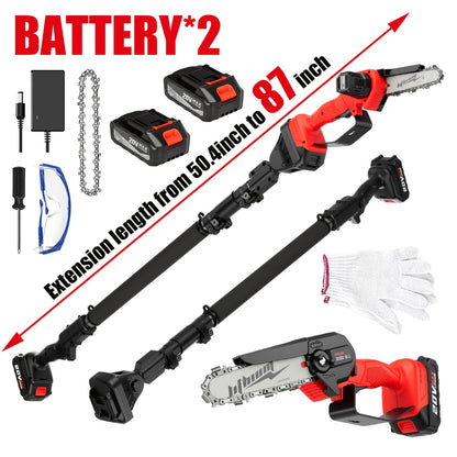 Electric Pole Saw 2-in-1 Cordless with 8" & 6" Chain, 20V 4.0Ah Battery, Adjustable Extendable Tree Pruner for Wood Cutting