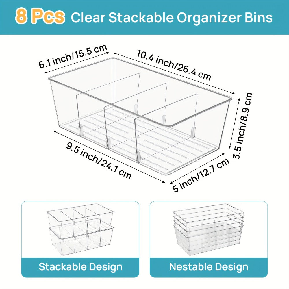 Clear Pantry Storage Bins Set of 8 with Dividers – Transparent Refrigerator Organizer Bins for Kitchen Cabinet, Pantry Organization