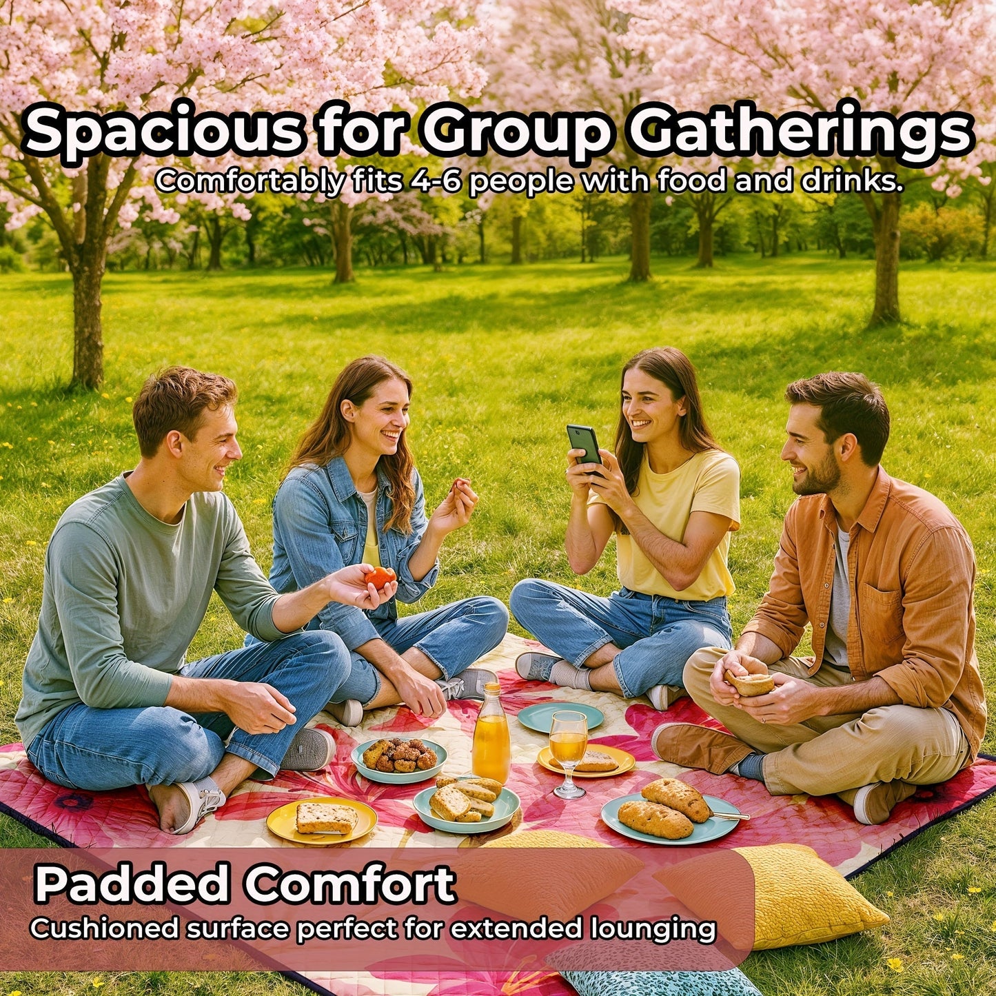 Large Padded Picnic Blanket with Roll-Up Carry Straps and Five Evidence-Bound Pattern Options
