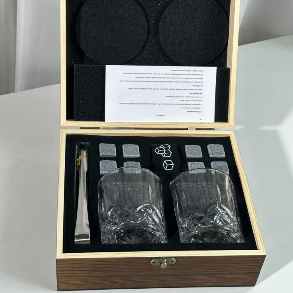 Whisky & Wine Glass Set with Cooling Stones, Ice Tong & Bartender Kit, Portable Bar Accessories for Luxurious Drinking Experience