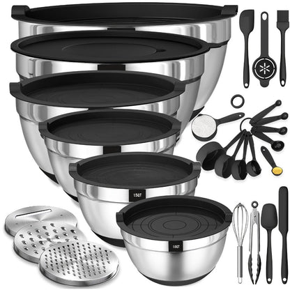 Mixing Bowls Set with Airtight Lids, 26pcs Stainless Steel Bowl Set with 3 Grater Attachments, Bottoms