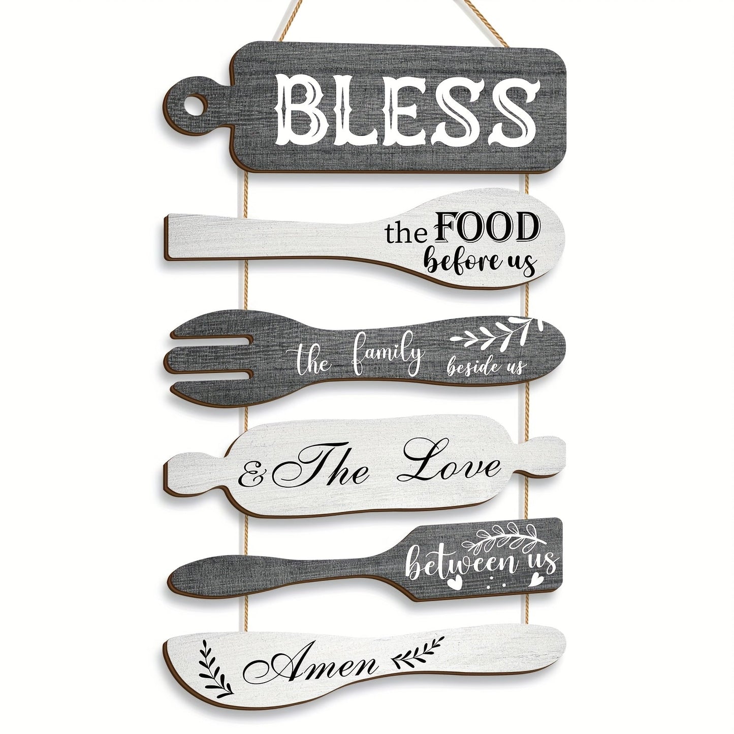 Farmhouse Wall Decor Wood Sign Set – "Bless The Food Before Us" Rustic Kitchen Dining Room Hanging Plaque