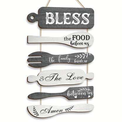 Farmhouse Wall Decor Wood Sign Set – "Bless The Food Before Us" Rustic Kitchen Dining Room Hanging Plaque