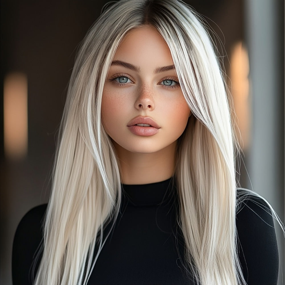 Synthetic Wig 26-Inch Milky White Ombre Straight Style with A-Line Bangs and Glue-Free Cap