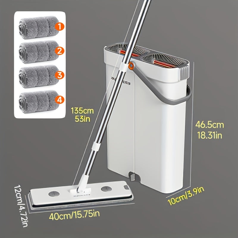 Flat Mop and Bucket Set with Metal Rod 360 Degree Swivel Head Reusable Microfiber Pads for Entryways, Bedrooms and Living Spaces