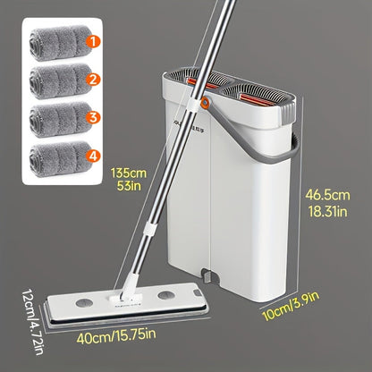 Flat Mop and Bucket Set with Metal Rod 360 Degree Swivel Head Reusable Microfiber Pads for Entryways, Bedrooms and Living Spaces